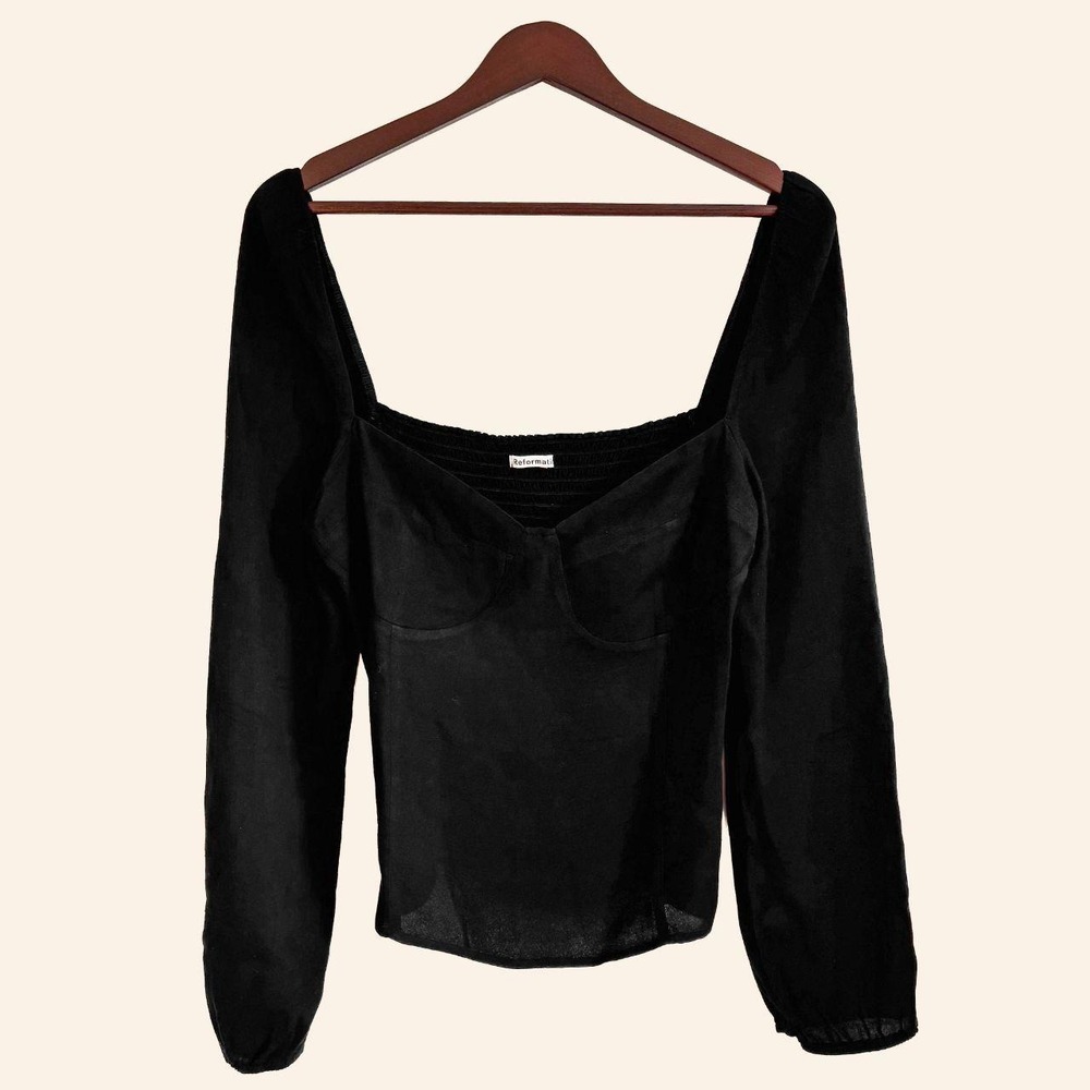 Reformation Black Long Sleeve Smocked Top